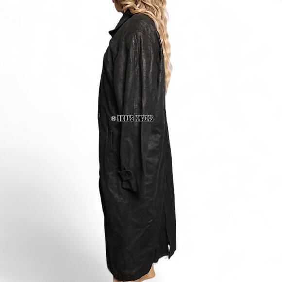 Vintage Pelle Cuir Black Embossed 100% Leather Trench Coat Shoulder Pads Size L - Picture 8 of 16
